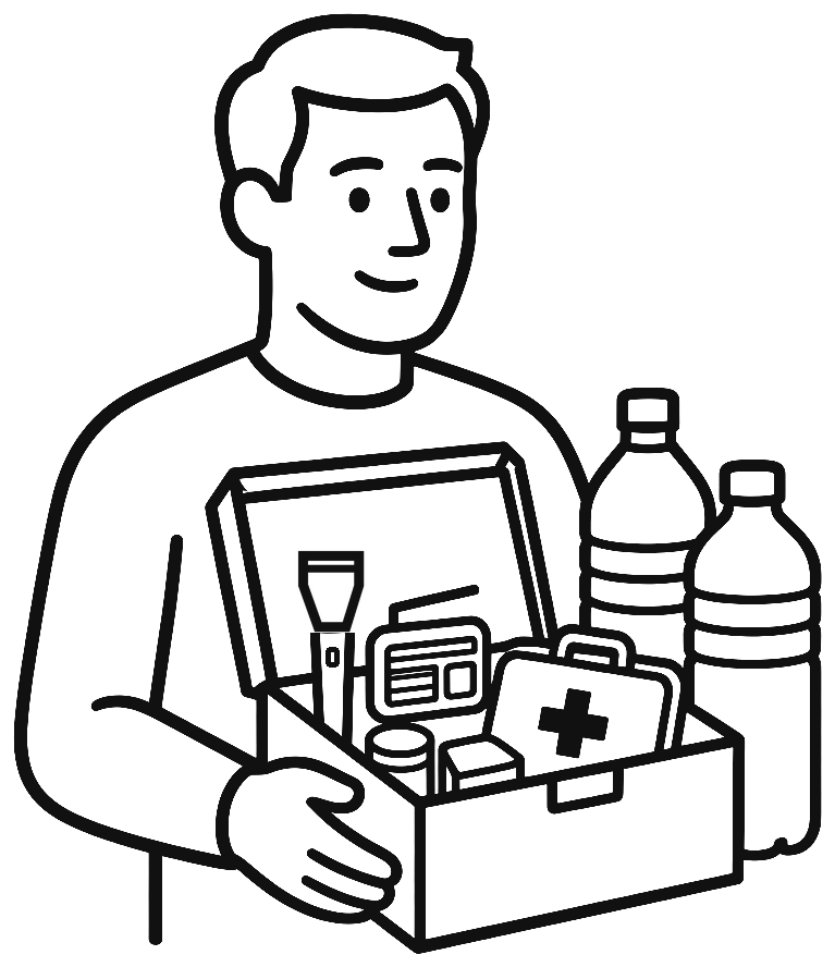 Illustration: a calm man holding a box with a torch, radio, tins and a first aid kit, next to two water bottles